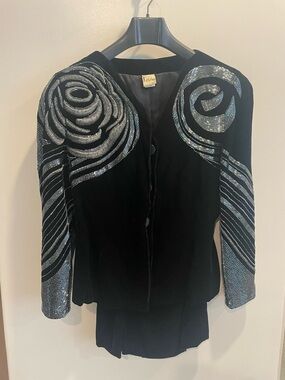 Krizia Black Velvet Jacket with skirt with Metallic Silver Swirl Embellishment